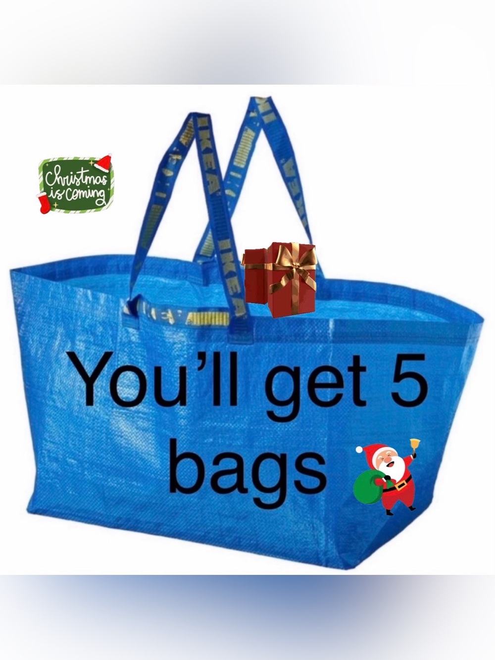 5 pc IKEA Blue Large Reusable Frakta Tote Bag Christmas is coming gift carrier